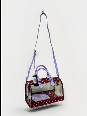 Stadium approved CLEAR bag  NWT Dustbag, bag charm,  maroon lavender polkadot